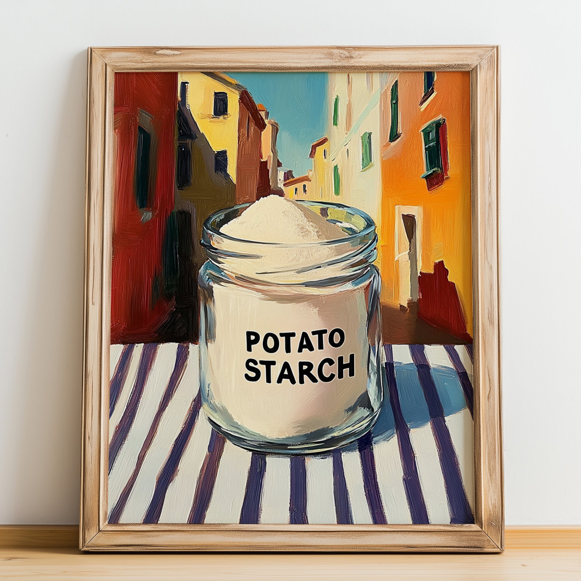 Potato Starch – Italian Street Café Scene, Sweetener Print, no-text version framed in wood