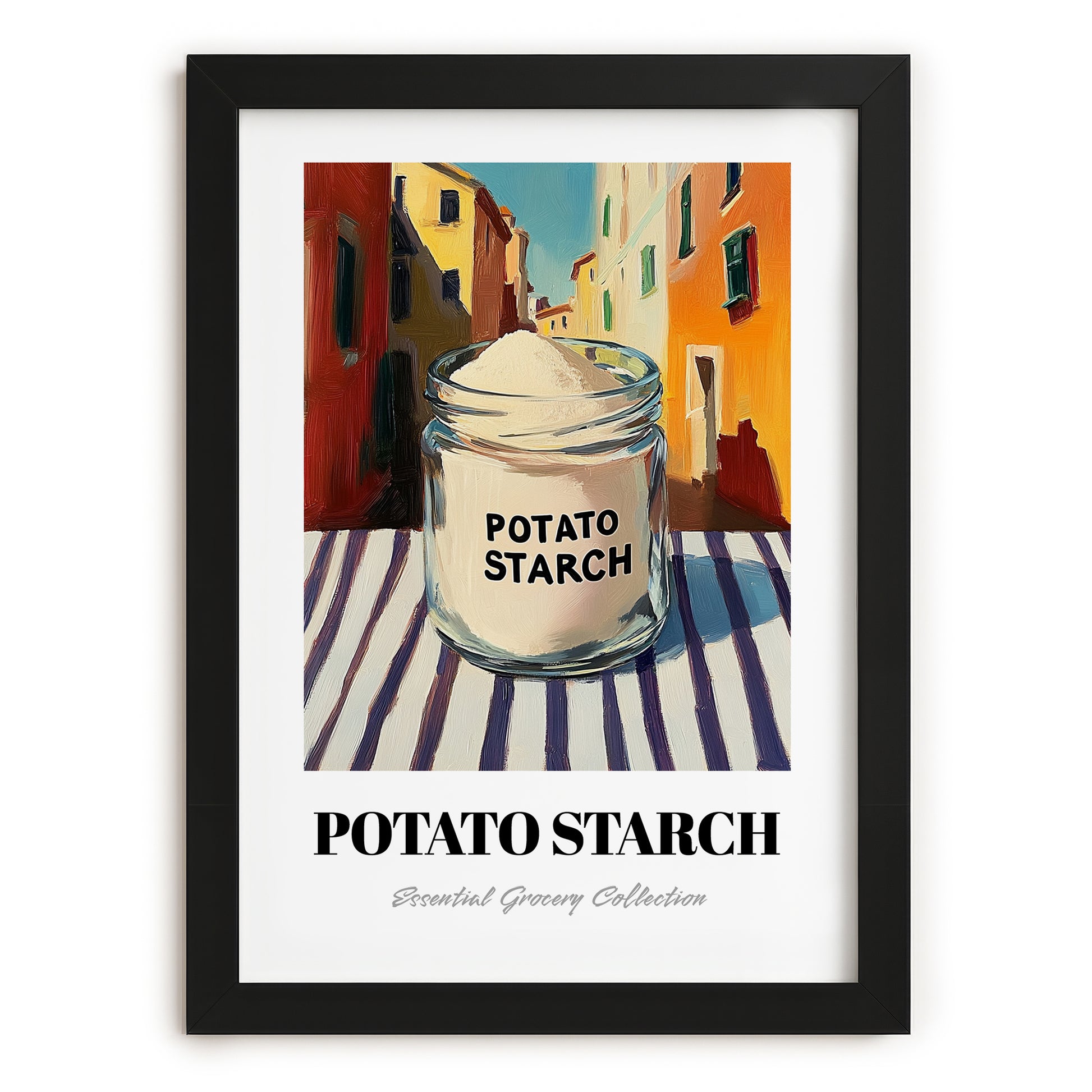 Potato Starch – Italian Street Café Scene, Sweetener Print, in sleek black frame