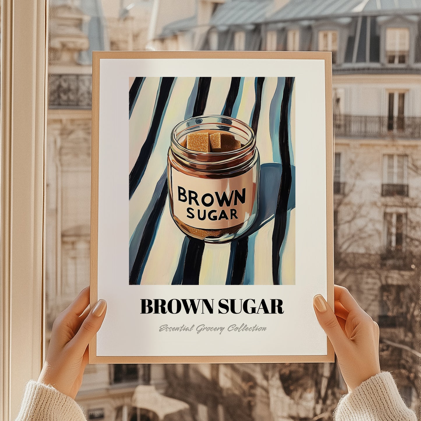 Brown Sugar – on Striped Tablecloth, Sweetener Painting, styled in a charming Paris street view