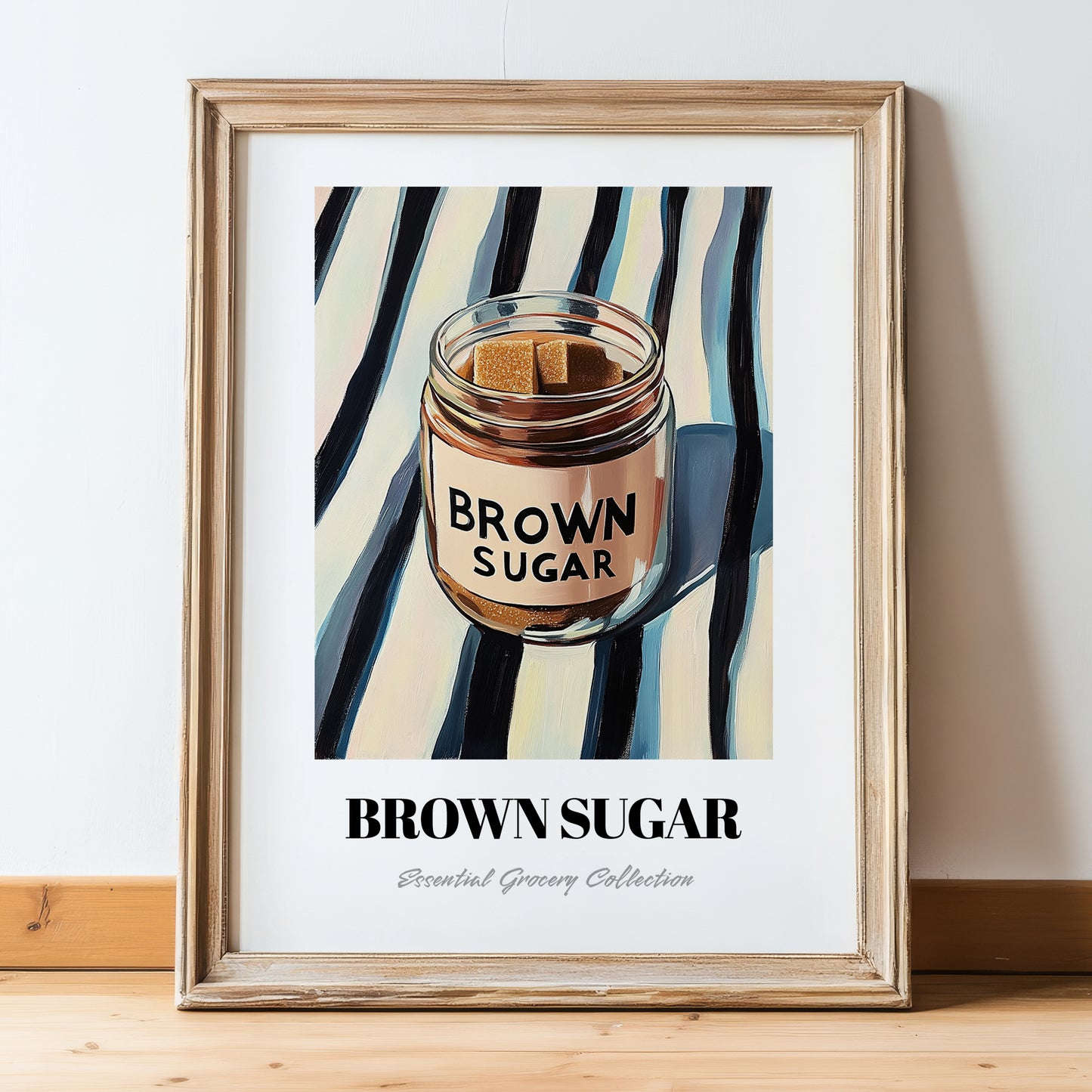 Brown Sugar – on Striped Tablecloth, Sweetener Painting, in wooden frame leaning on the floor