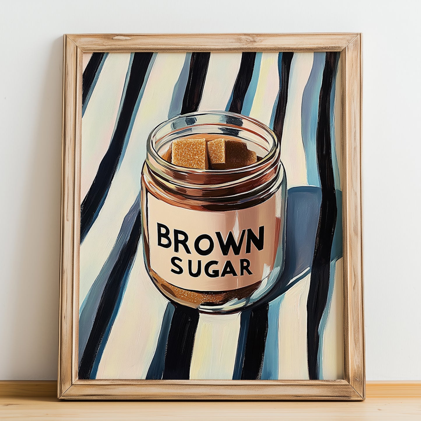 Brown Sugar – on Striped Tablecloth, Sweetener Painting, no-text version framed in wood