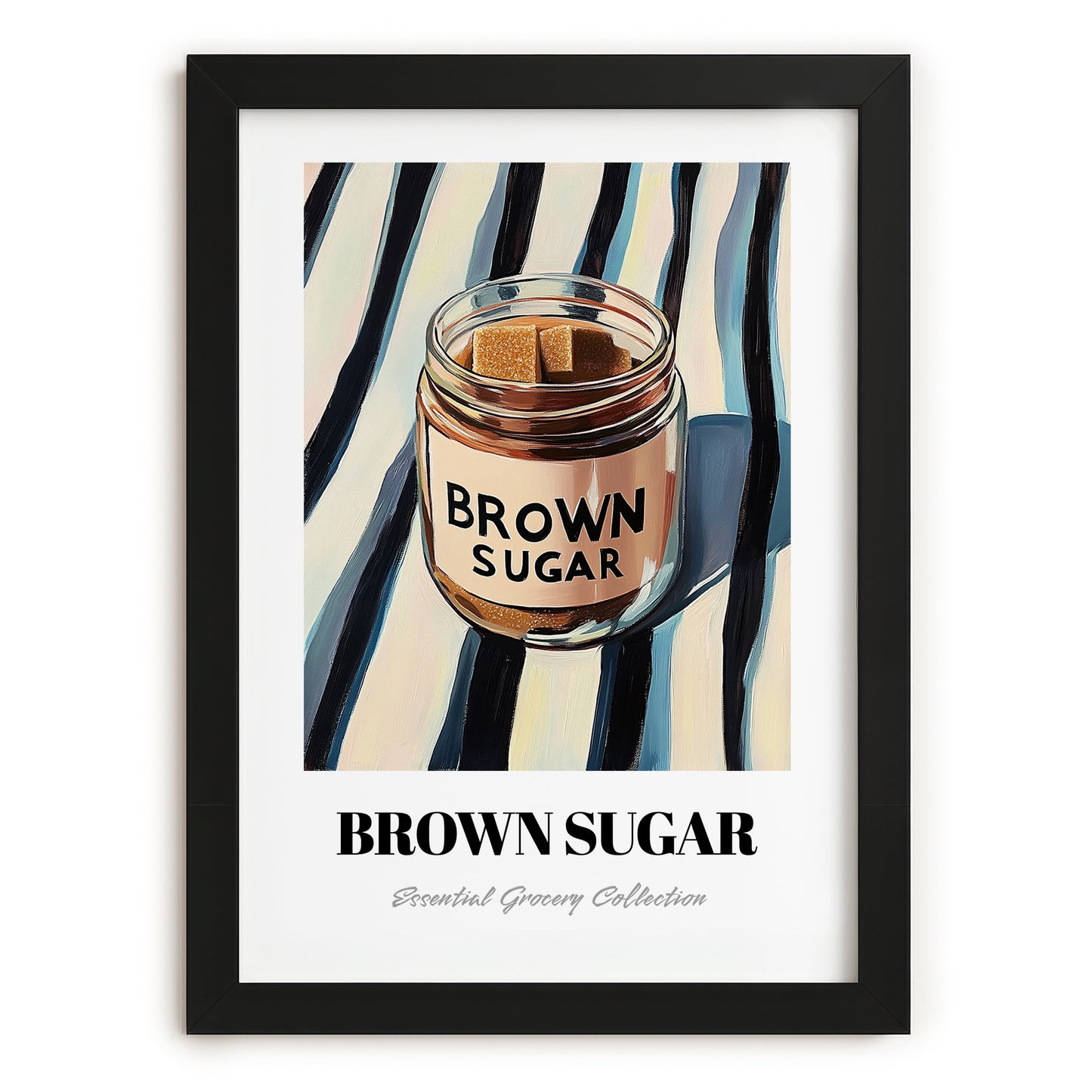 Brown Sugar – on Striped Tablecloth, Sweetener Painting, in sleek black frame