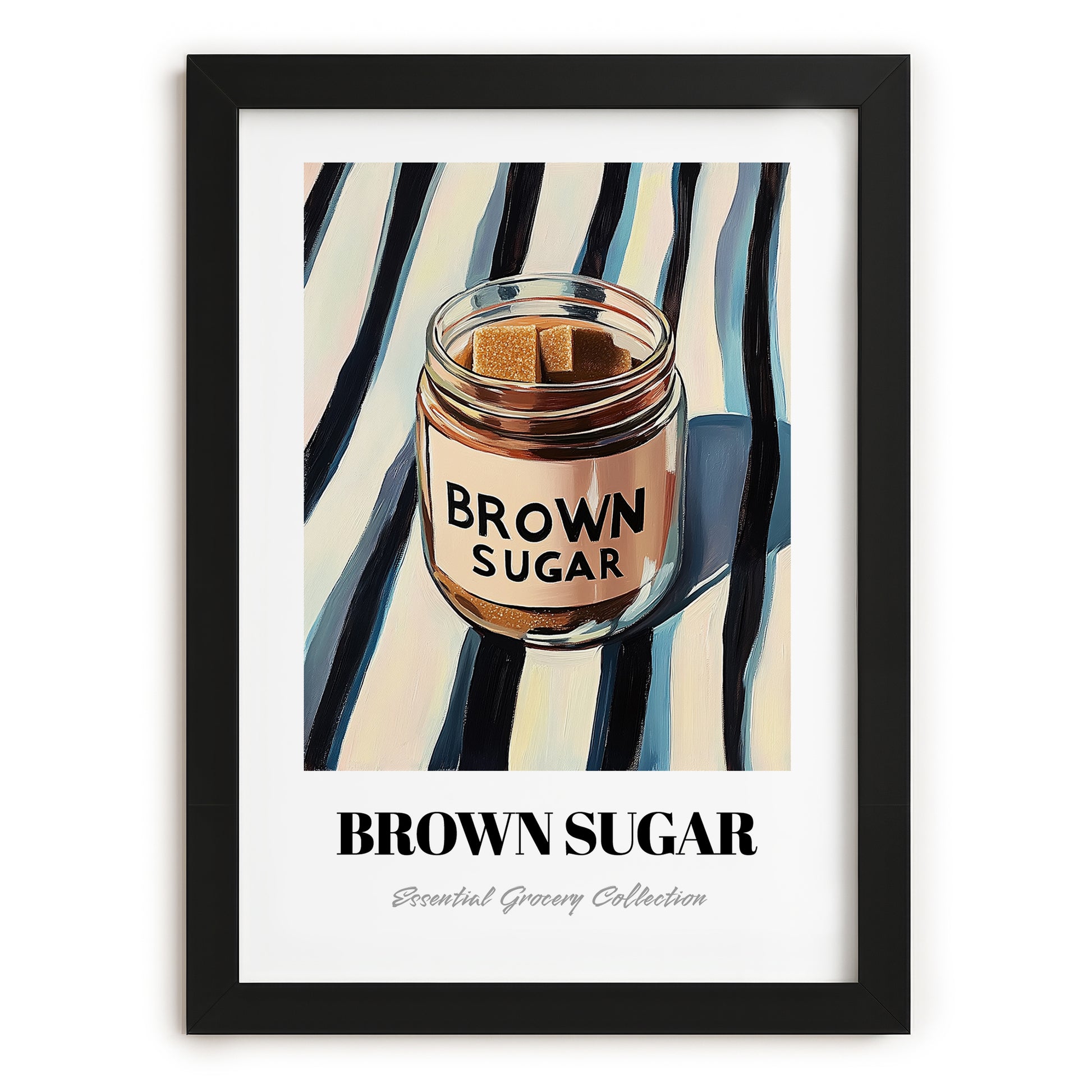 Brown Sugar – on Striped Tablecloth, Sweetener Painting, in sleek black frame