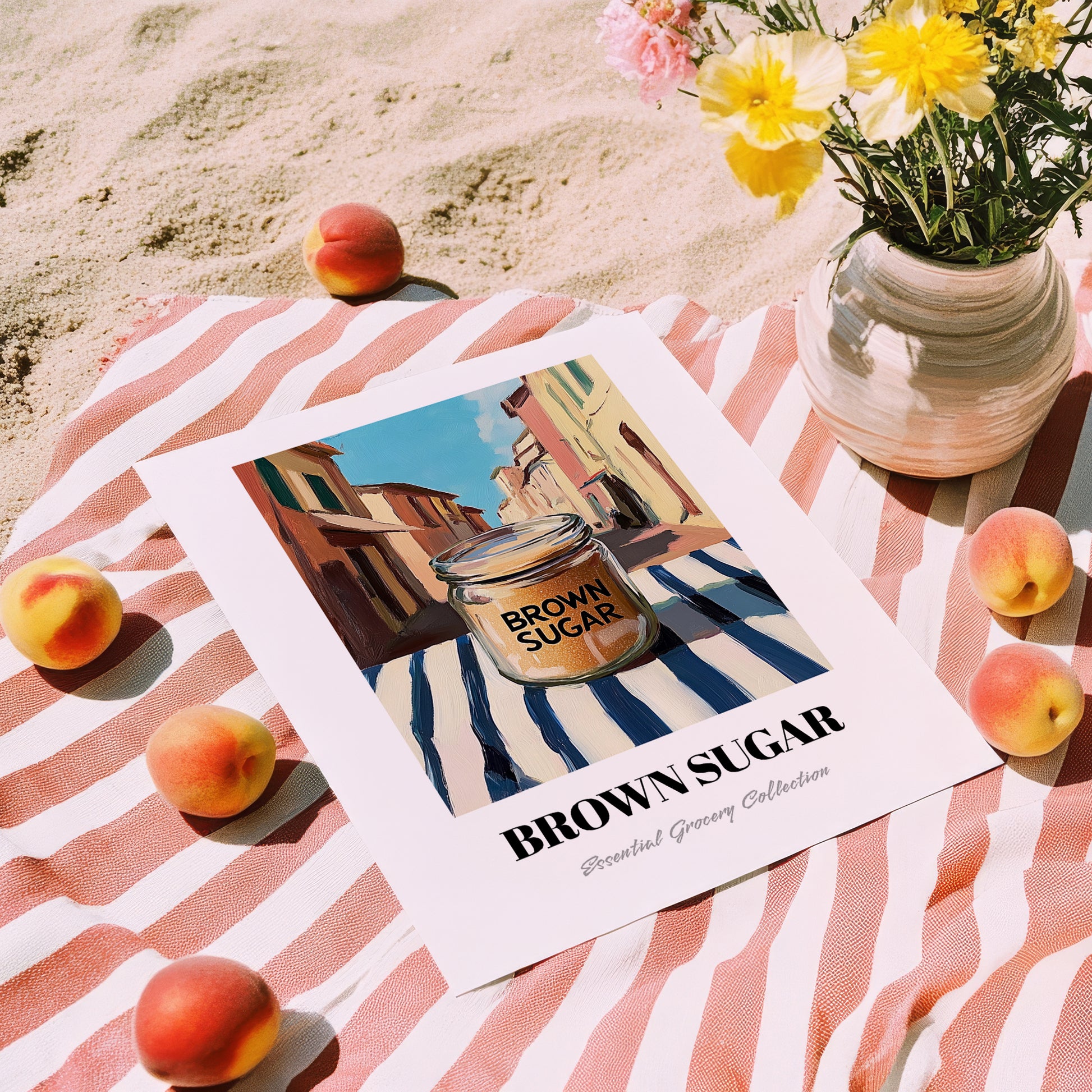 Brown Sugar – Italian Café on the Corner, Sweetener Wall Decor, unframed on coastal sand