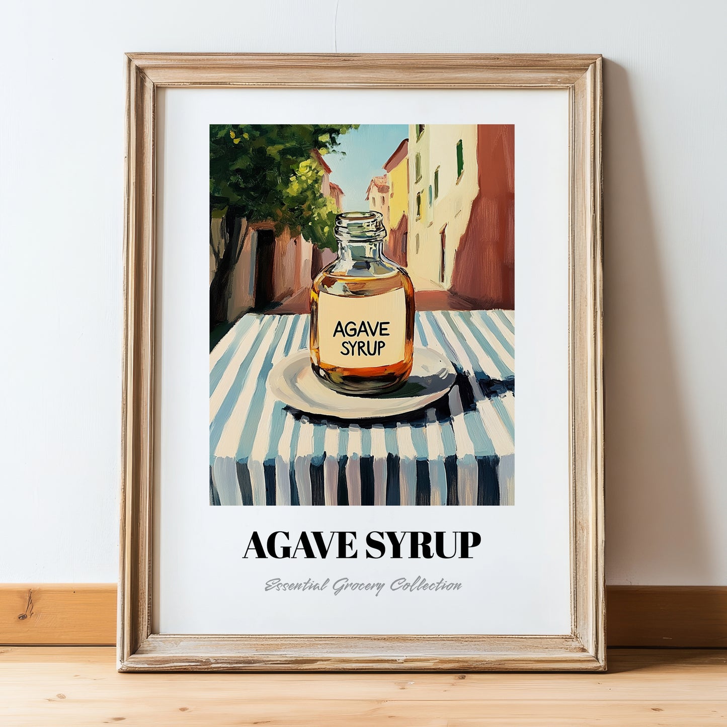 Agave Syrup – Italian Street Café Scene, Sweetener Wall Decor, in wooden frame leaning on the floor