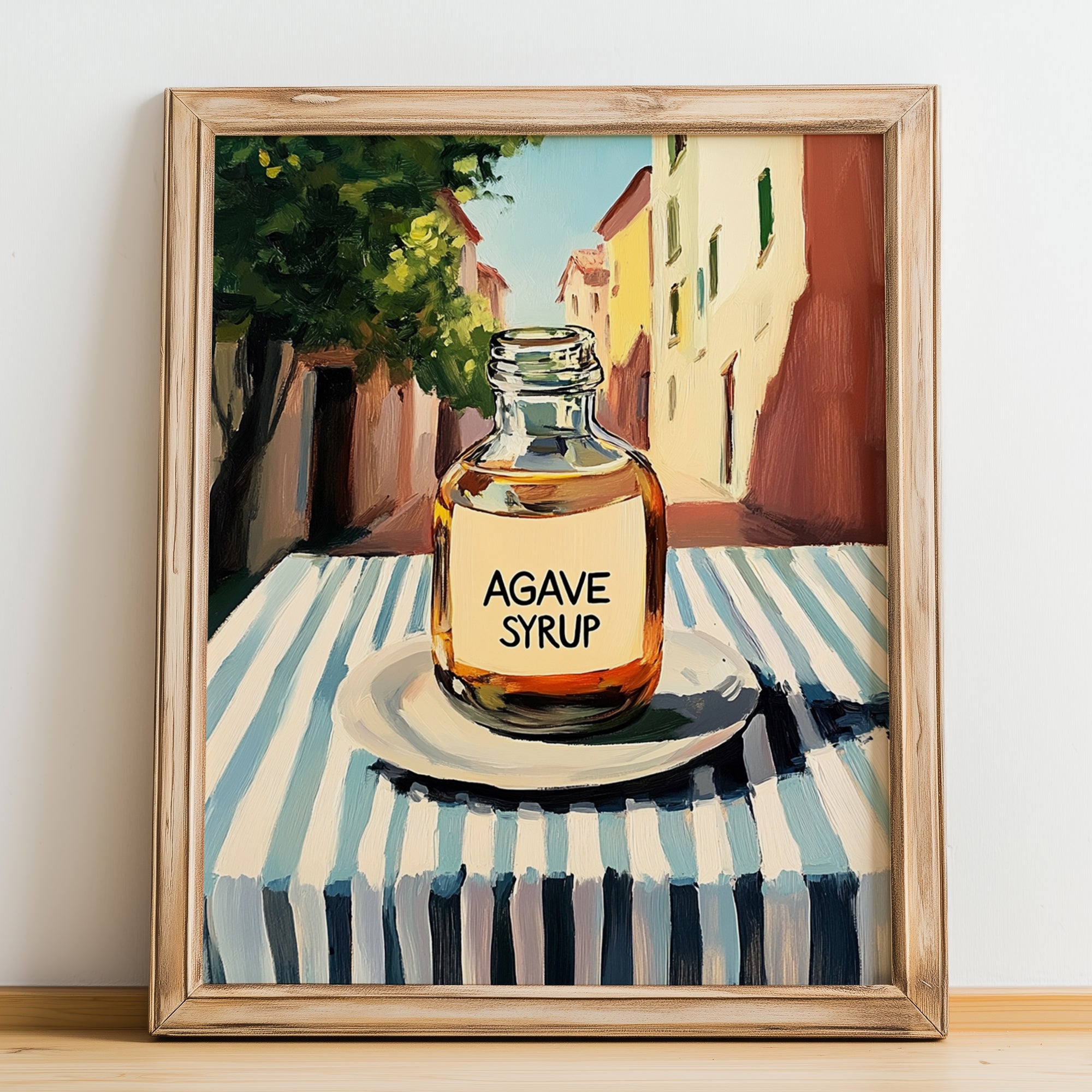 Agave Syrup – Italian Street Café Scene, Sweetener Wall Decor, no-text version framed in wood