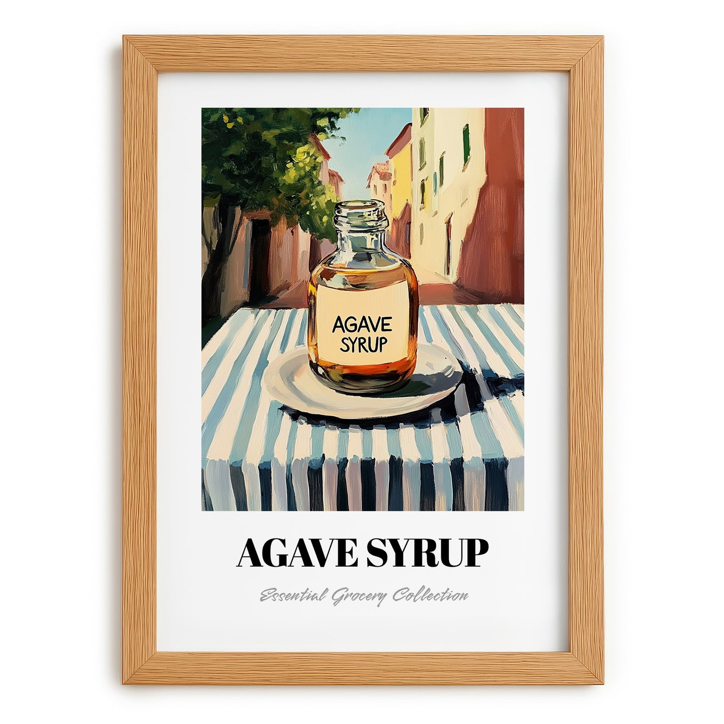 Agave Syrup – Italian Street Café Scene, Sweetener Wall Decor, set in oak frame