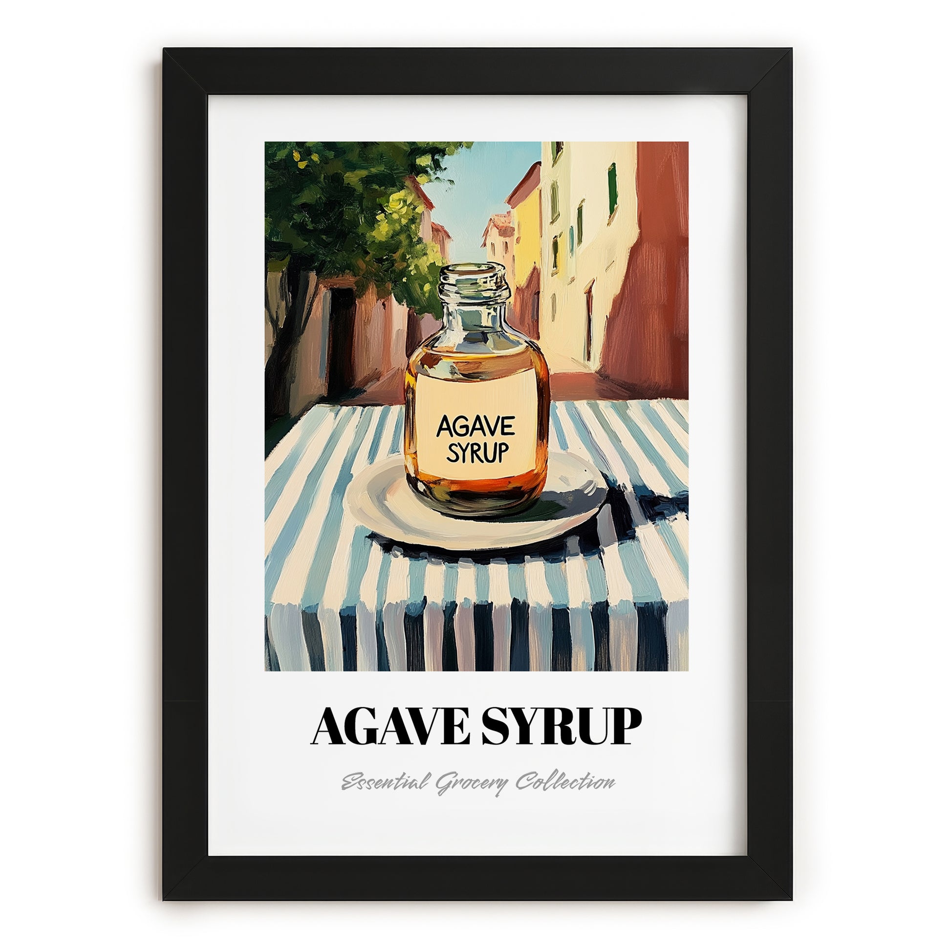 Agave Syrup – Italian Street Café Scene, Sweetener Wall Decor, in sleek black frame