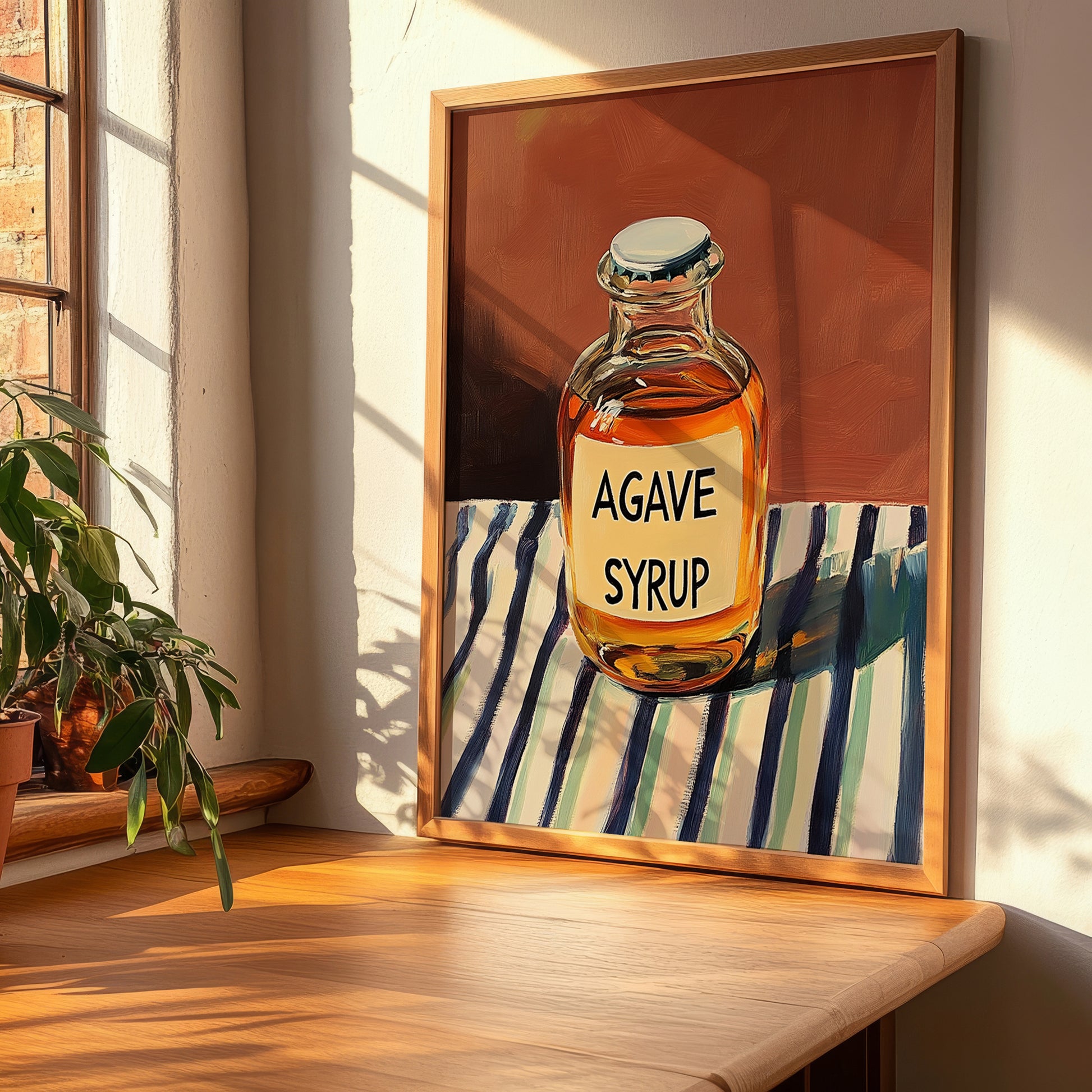 Agave Syrup – on Striped Tablecloth, Sweetener Painting, clean layout with no caption