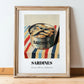 Sardines – on Striped Tablecloth, Canned Food Painting, in wooden frame leaning on the floor