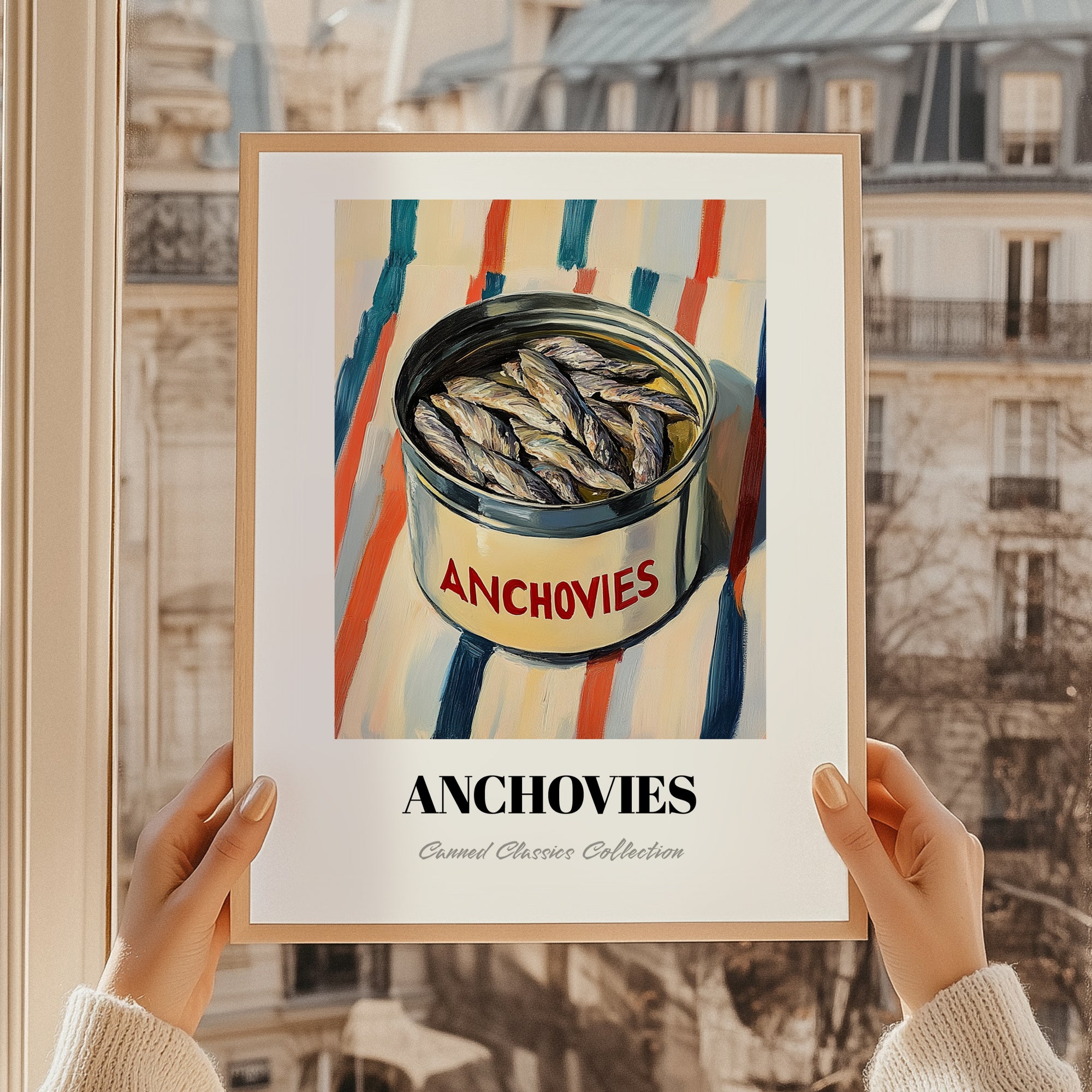 Anchovies – on Striped Tablecloth, Canned Food Illustration, styled in a charming Paris street view