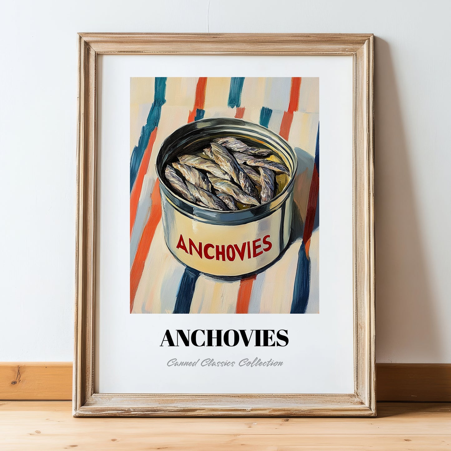 Anchovies – on Striped Tablecloth, Canned Food Illustration, in wooden frame leaning on the floor