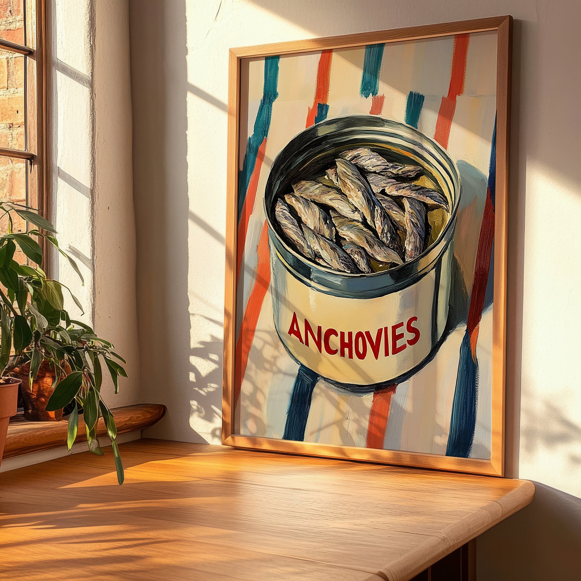 Anchovies – on Striped Tablecloth, Canned Food Illustration, clean layout with no caption
