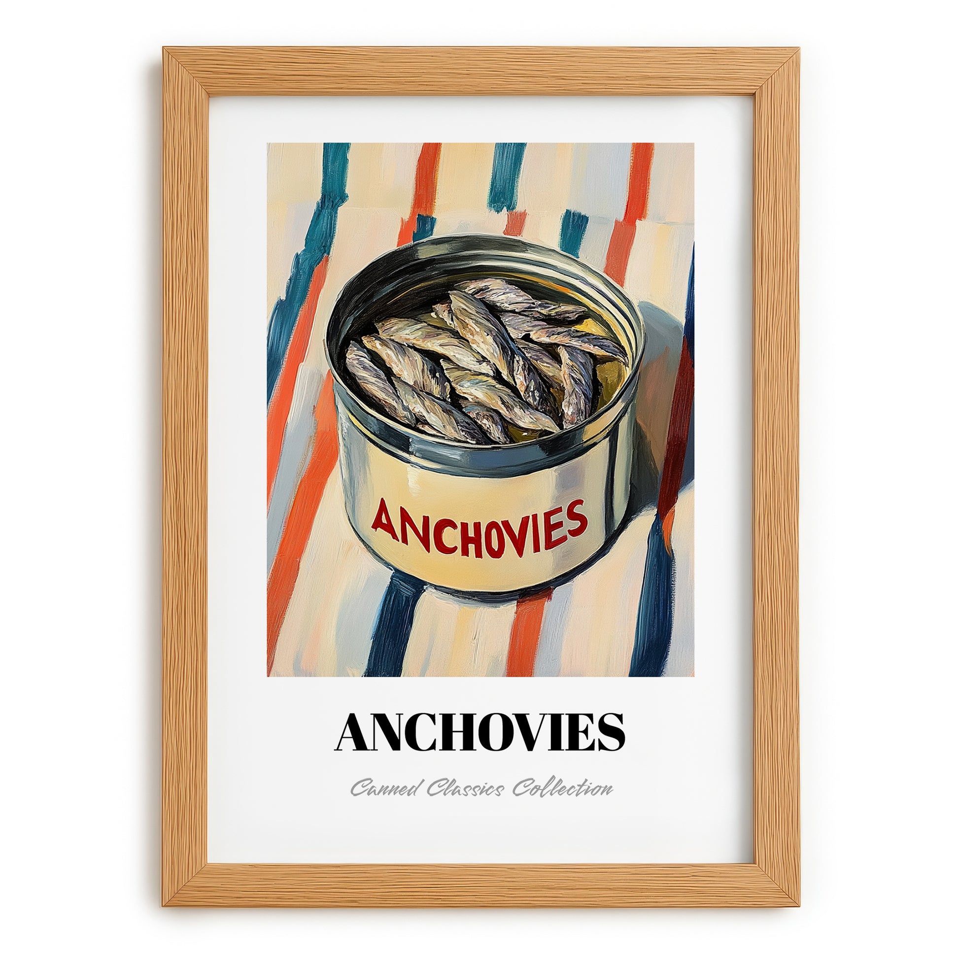 Anchovies – on Striped Tablecloth, Canned Food Illustration, set in oak frame