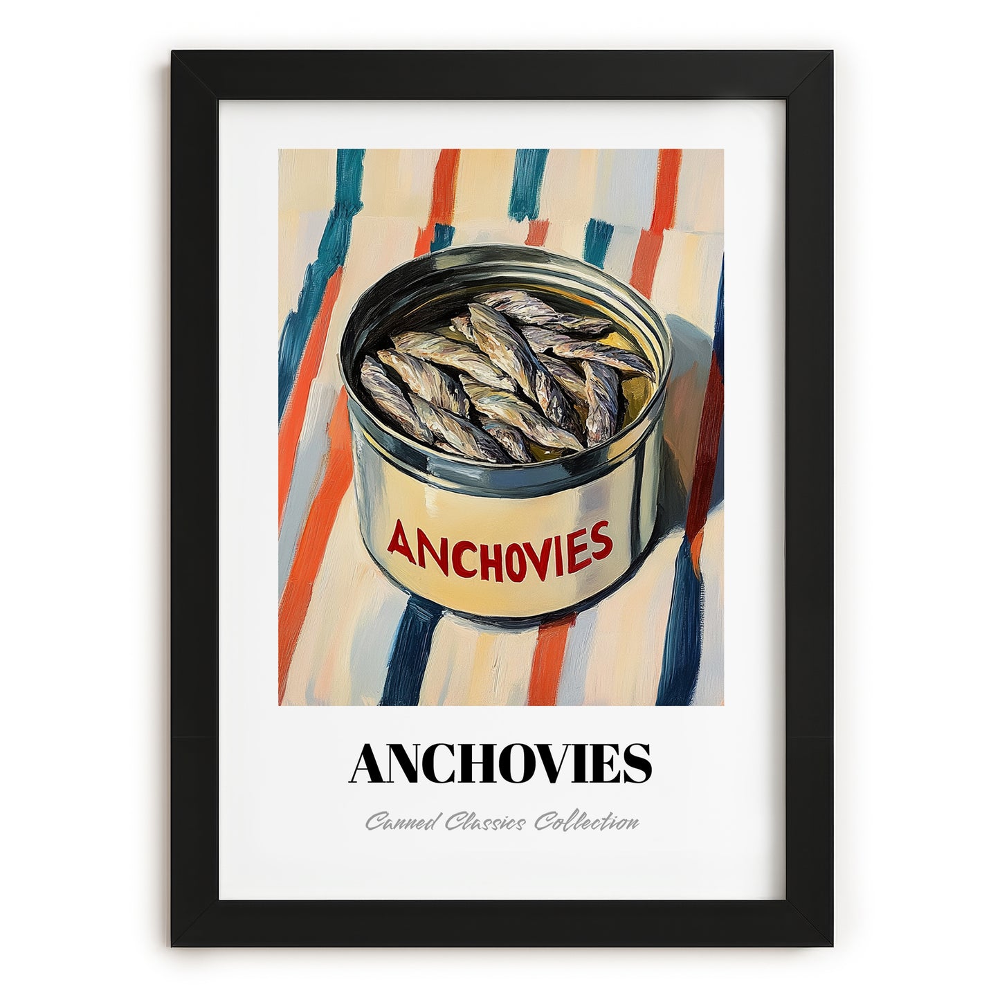 Anchovies – on Striped Tablecloth, Canned Food Illustration, in sleek black frame