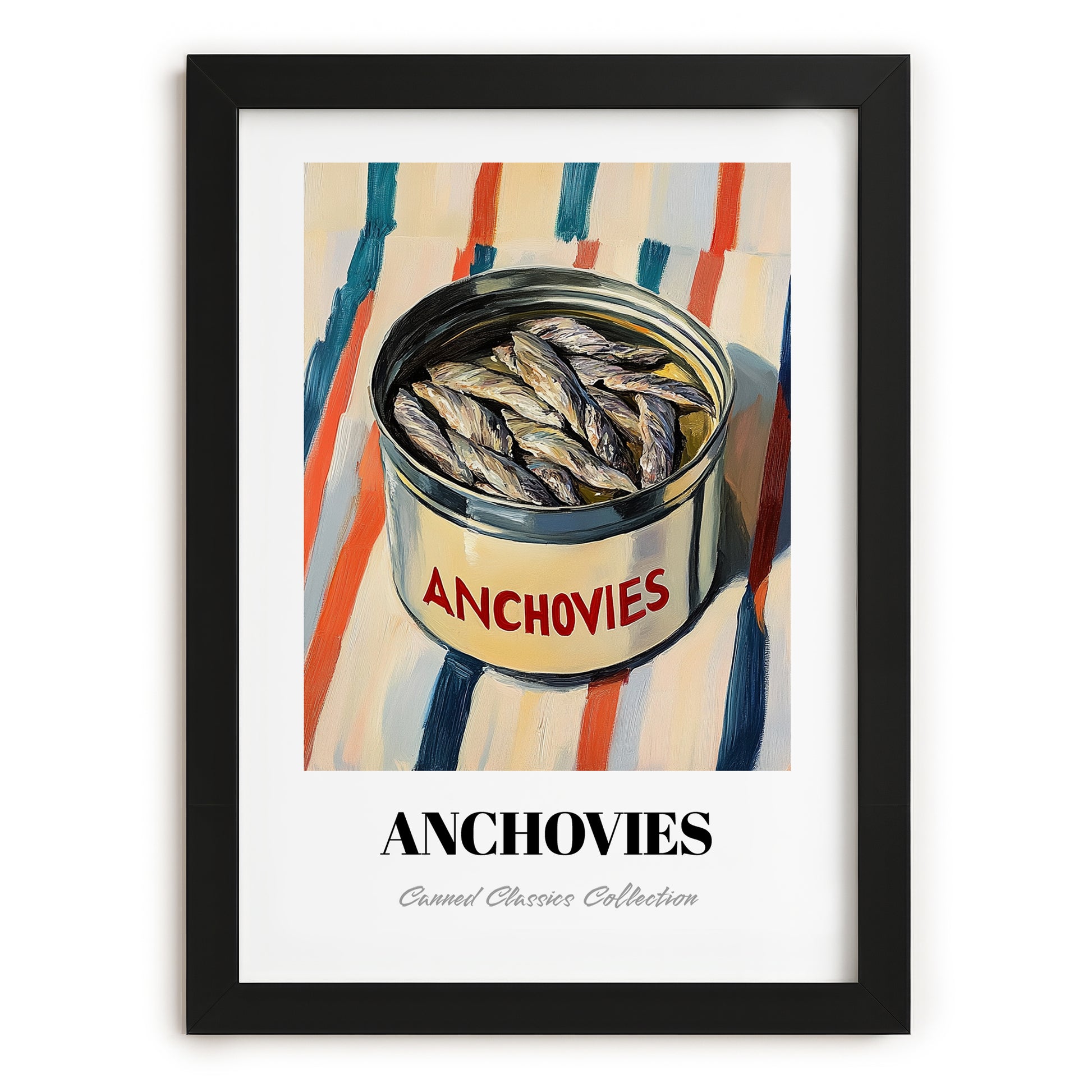 Anchovies – on Striped Tablecloth, Canned Food Illustration, in sleek black frame