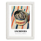 Anchovies – on Striped Tablecloth, Canned Food Illustration, placed in minimal white frame
