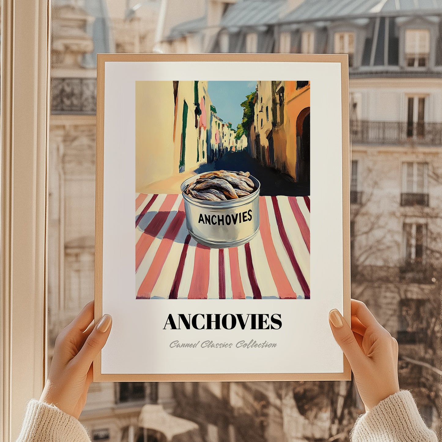 Anchovies – Italian Street Café Scene, Canned Food Print, styled in a charming Paris street view