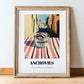 Anchovies – Italian Street Café Scene, Canned Food Print, in wooden frame leaning on the floor