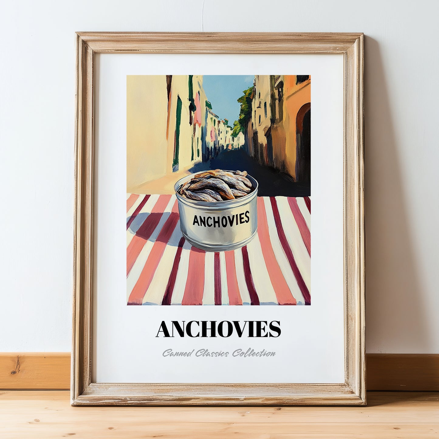 Anchovies – Italian Street Café Scene, Canned Food Print, in wooden frame leaning on the floor