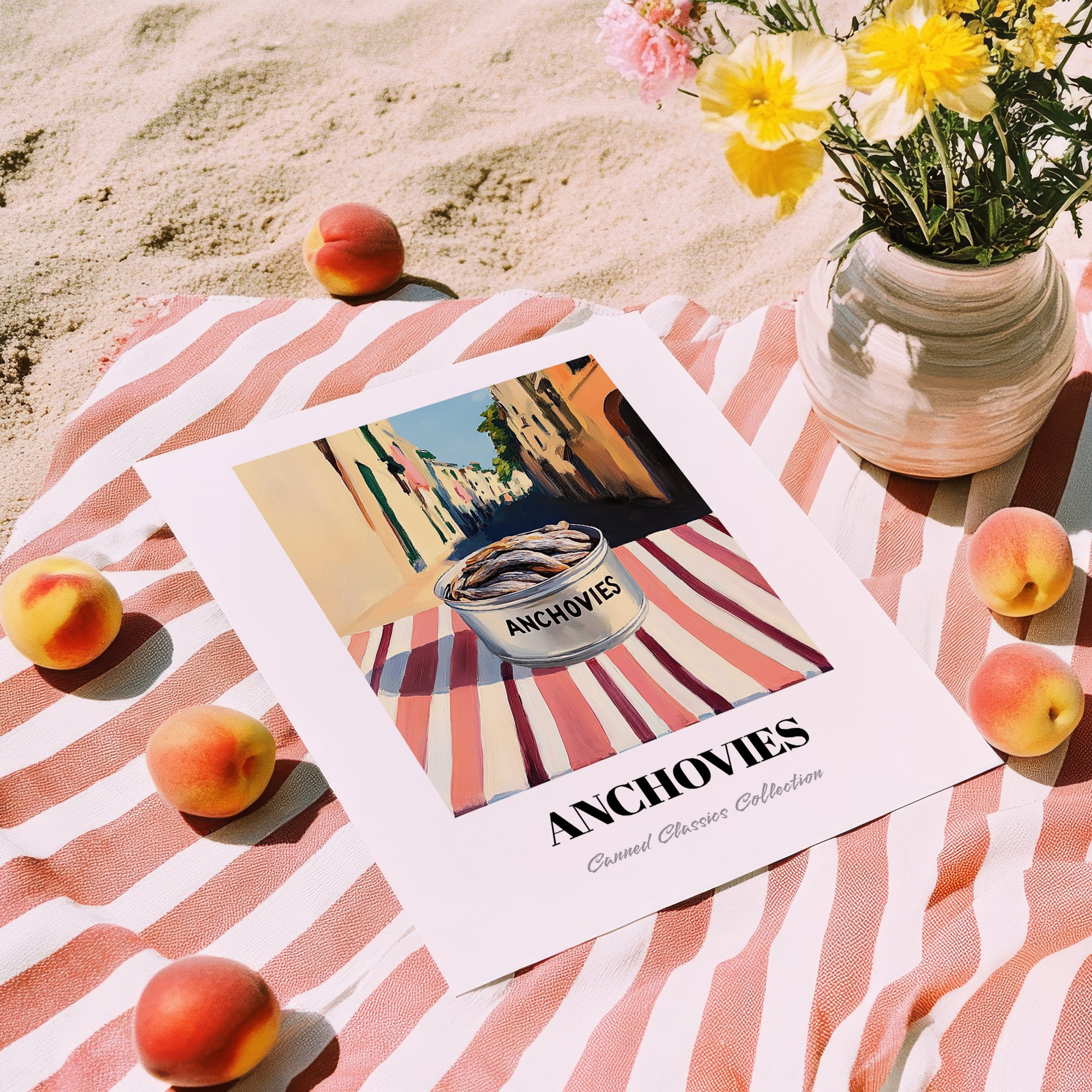 Anchovies – Italian Street Café Scene, Canned Food Print, unframed on coastal sand