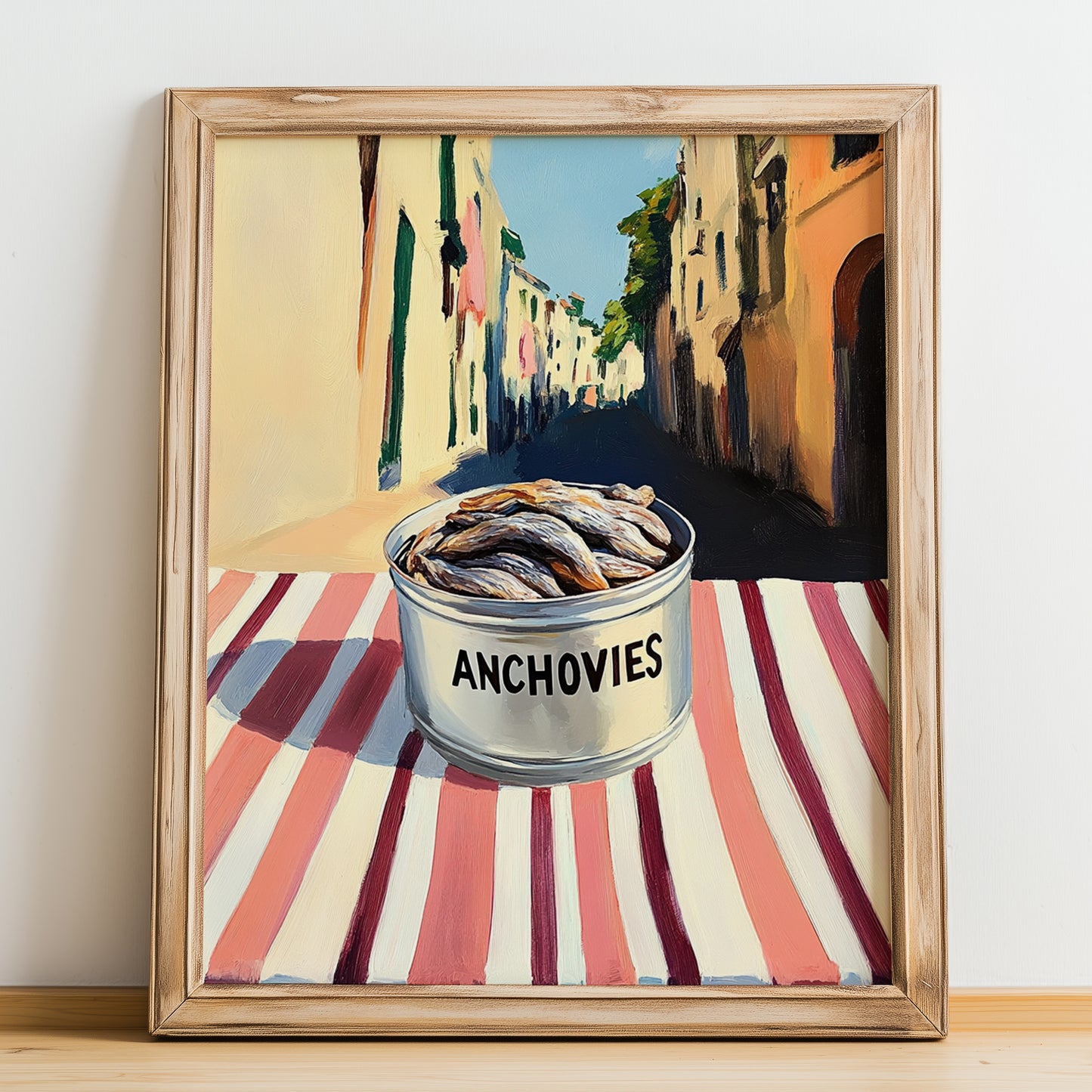 Anchovies – Italian Street Café Scene, Canned Food Print, no-text version framed in wood