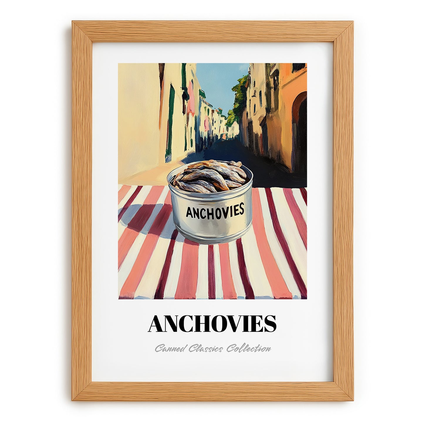 Anchovies – Italian Street Café Scene, Canned Food Print, set in oak frame
