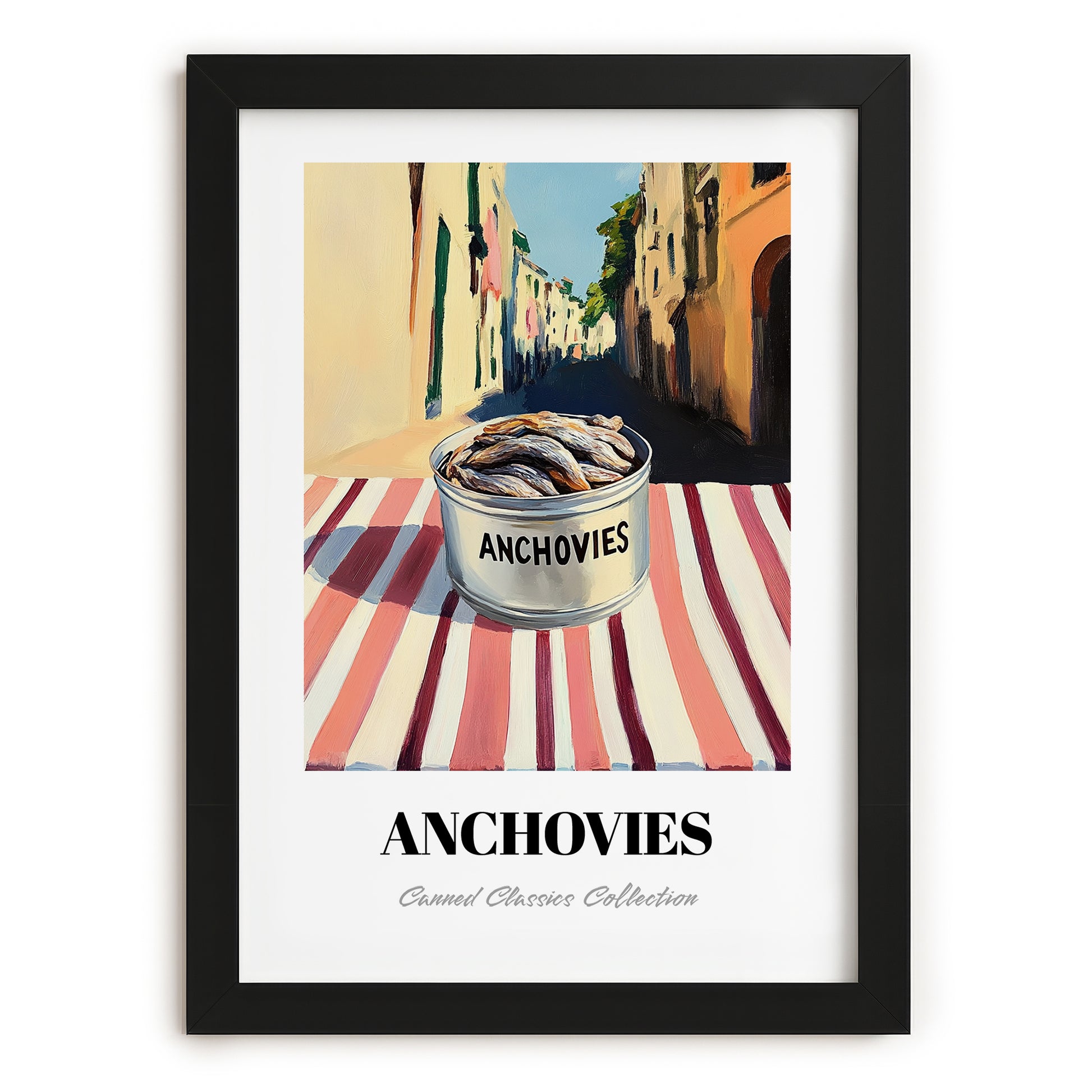 Anchovies – Italian Street Café Scene, Canned Food Print, in sleek black frame