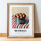 Meatballs – on Striped Tablecloth, Canned Food Poster, in wooden frame leaning on the floor