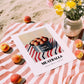 Meatballs – on Striped Tablecloth, Canned Food Poster, unframed on coastal sand