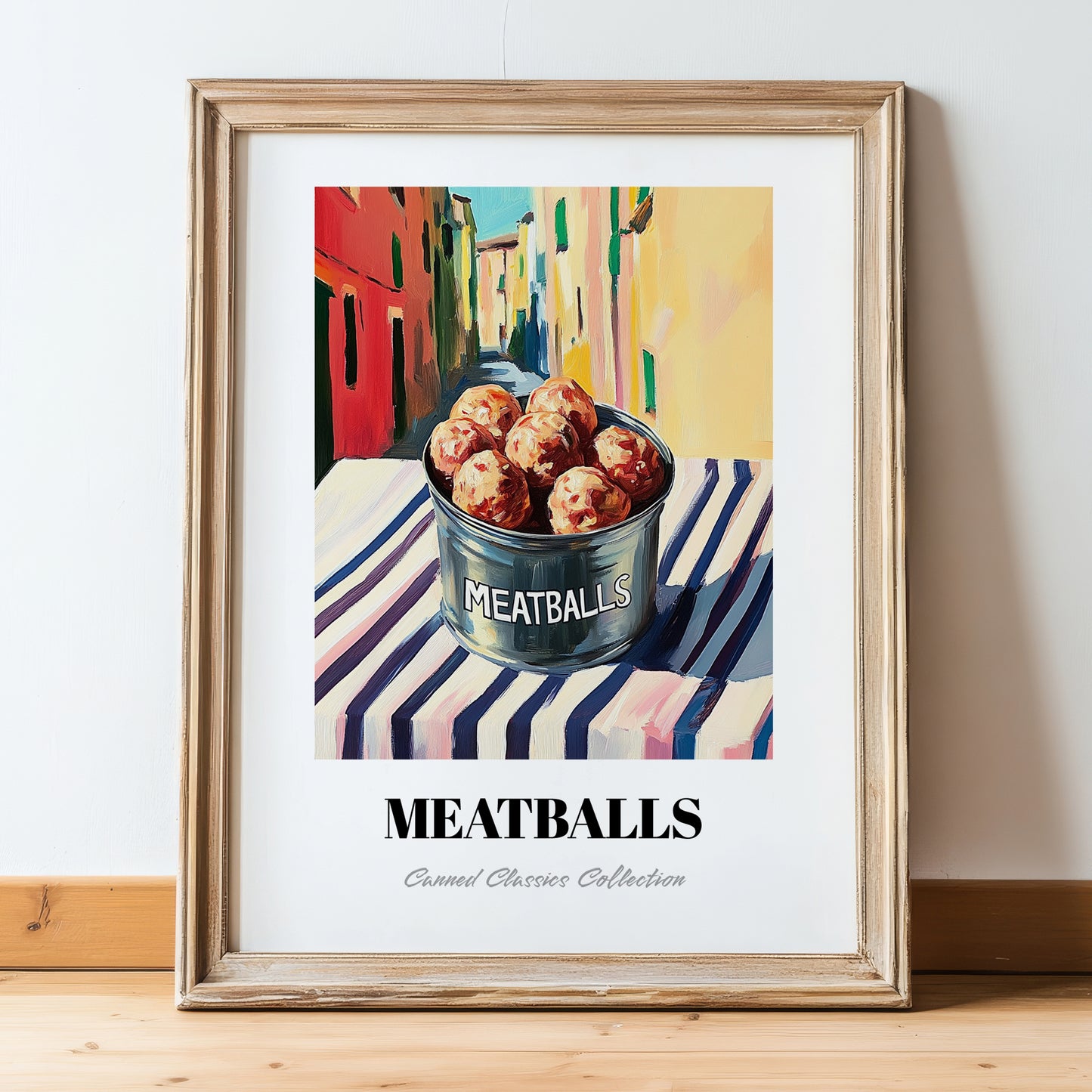 Meatballs – Italian Outdoor Café Scene, Canned Food Illustration, in wooden frame leaning on the floor