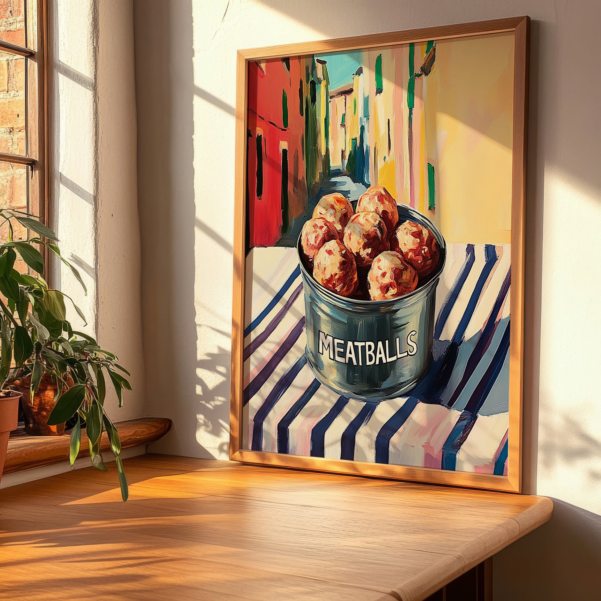Meatballs – Italian Outdoor Café Scene, Canned Food Illustration, clean layout with no caption
