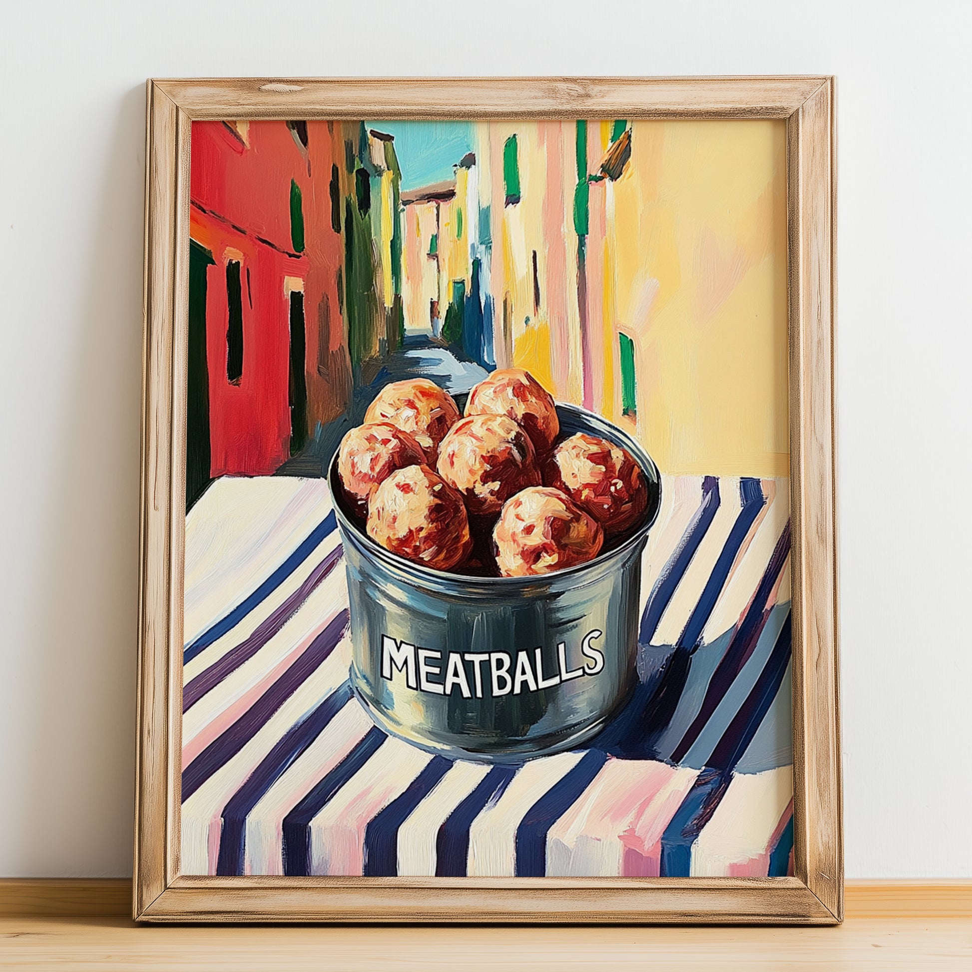 Meatballs – Italian Outdoor Café Scene, Canned Food Illustration, no-text version framed in wood