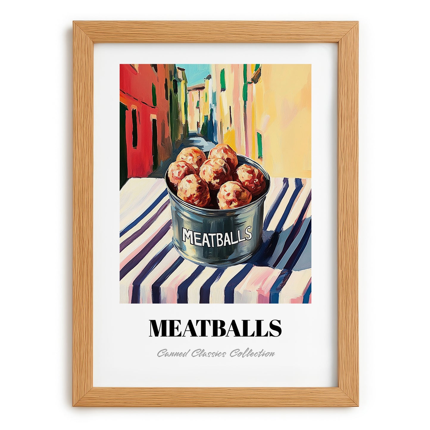 Meatballs – Italian Outdoor Café Scene, Canned Food Illustration, set in oak frame