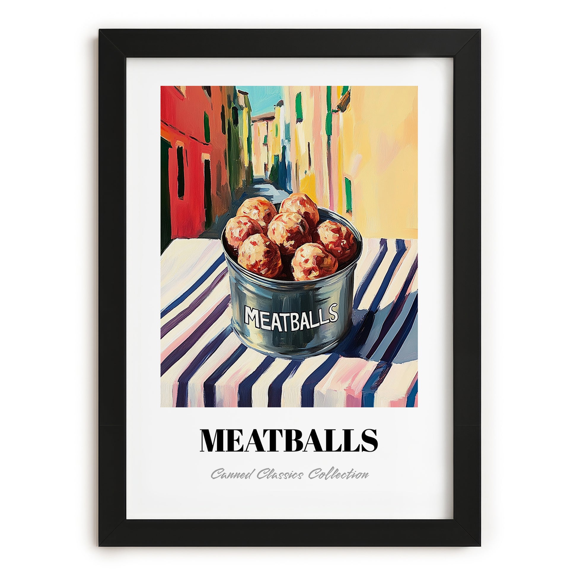 Meatballs – Italian Outdoor Café Scene, Canned Food Illustration, in sleek black frame
