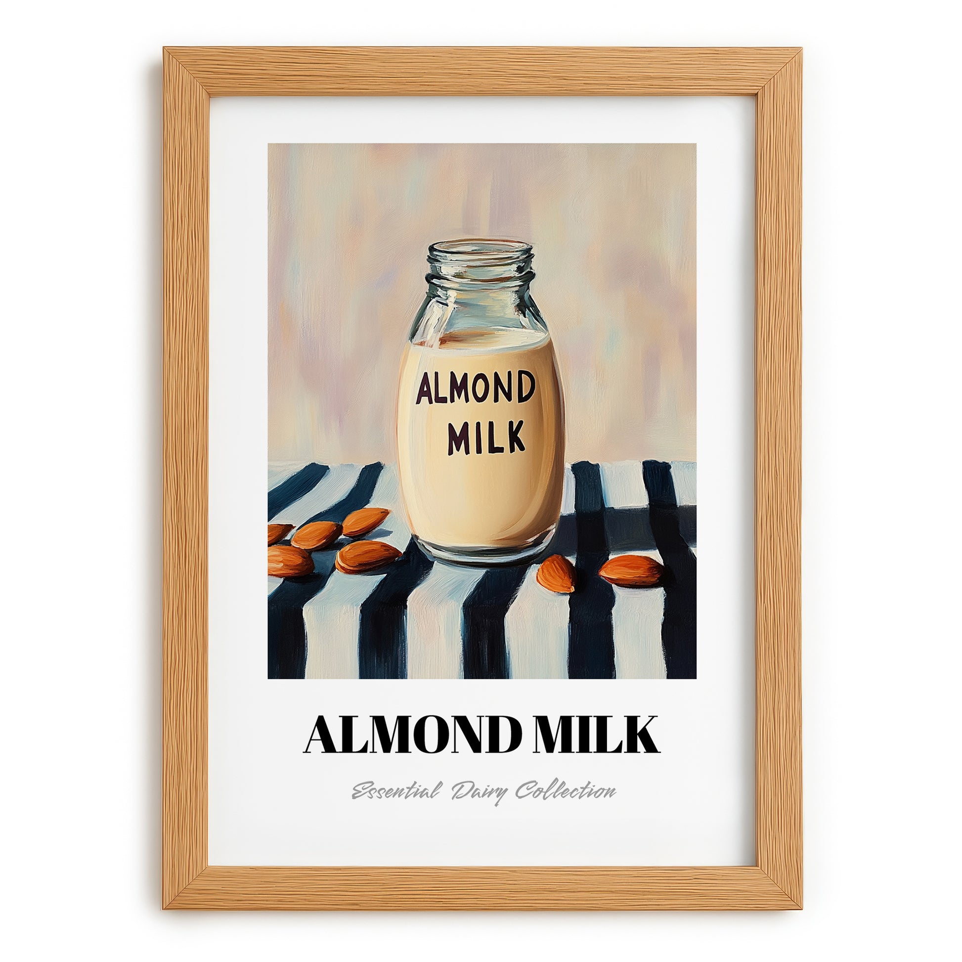 Almond Milk – on Striped Tablecloth, Dairy Painting, set in oak frame
