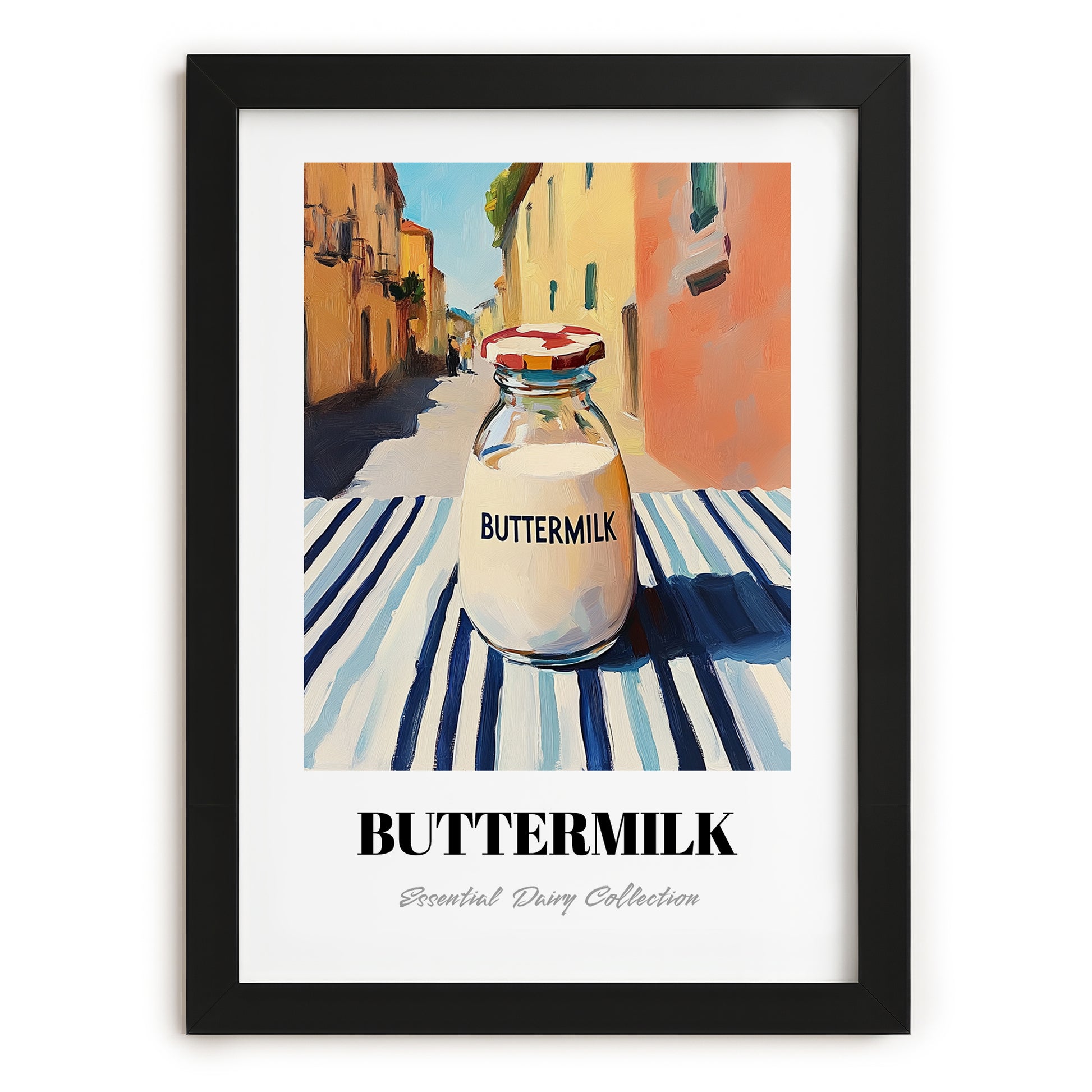 Buttermilk – Italian Street Café Scene, Dairy Still Life, in sleek black frame
