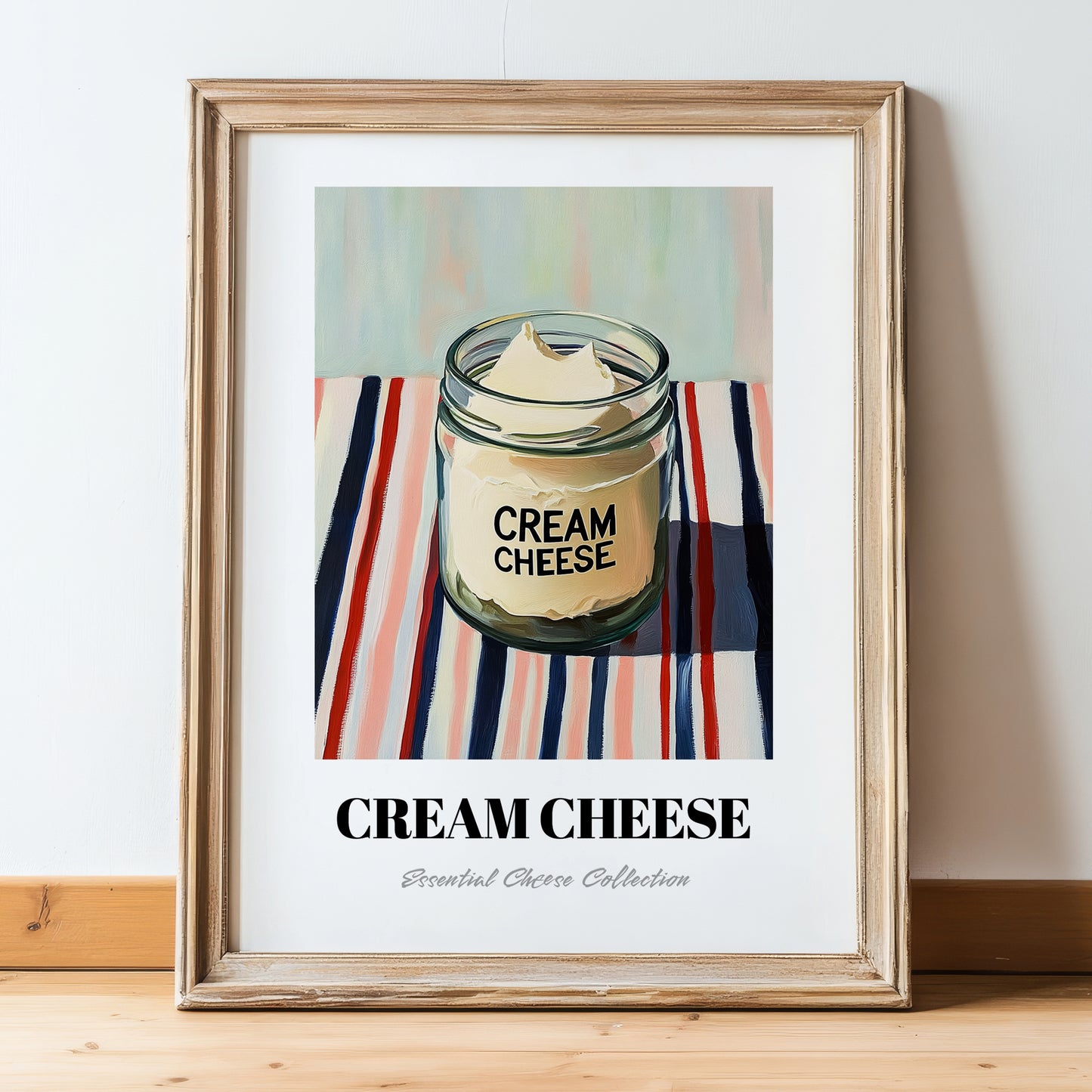 Cream – on Striped Tablecloth, Cheese Print, in wooden frame leaning on the floor