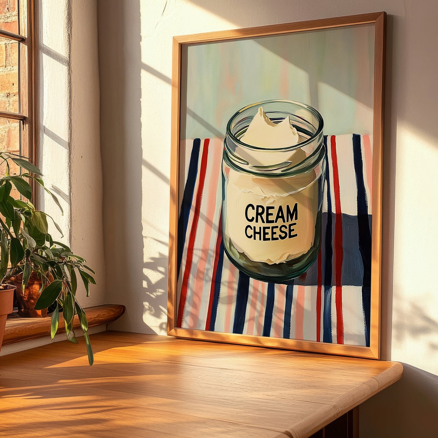 Cream – on Striped Tablecloth, Cheese Print, clean layout with no caption