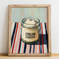 Cream – on Striped Tablecloth, Cheese Print, no-text version framed in wood