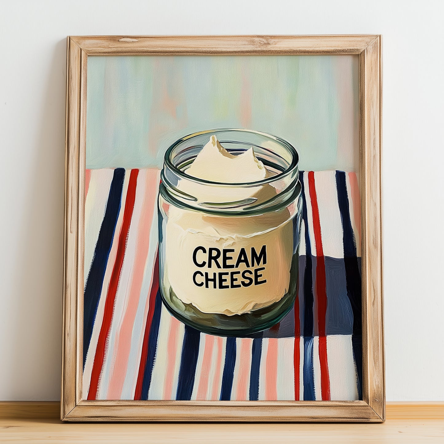 Cream – on Striped Tablecloth, Cheese Print, no-text version framed in wood