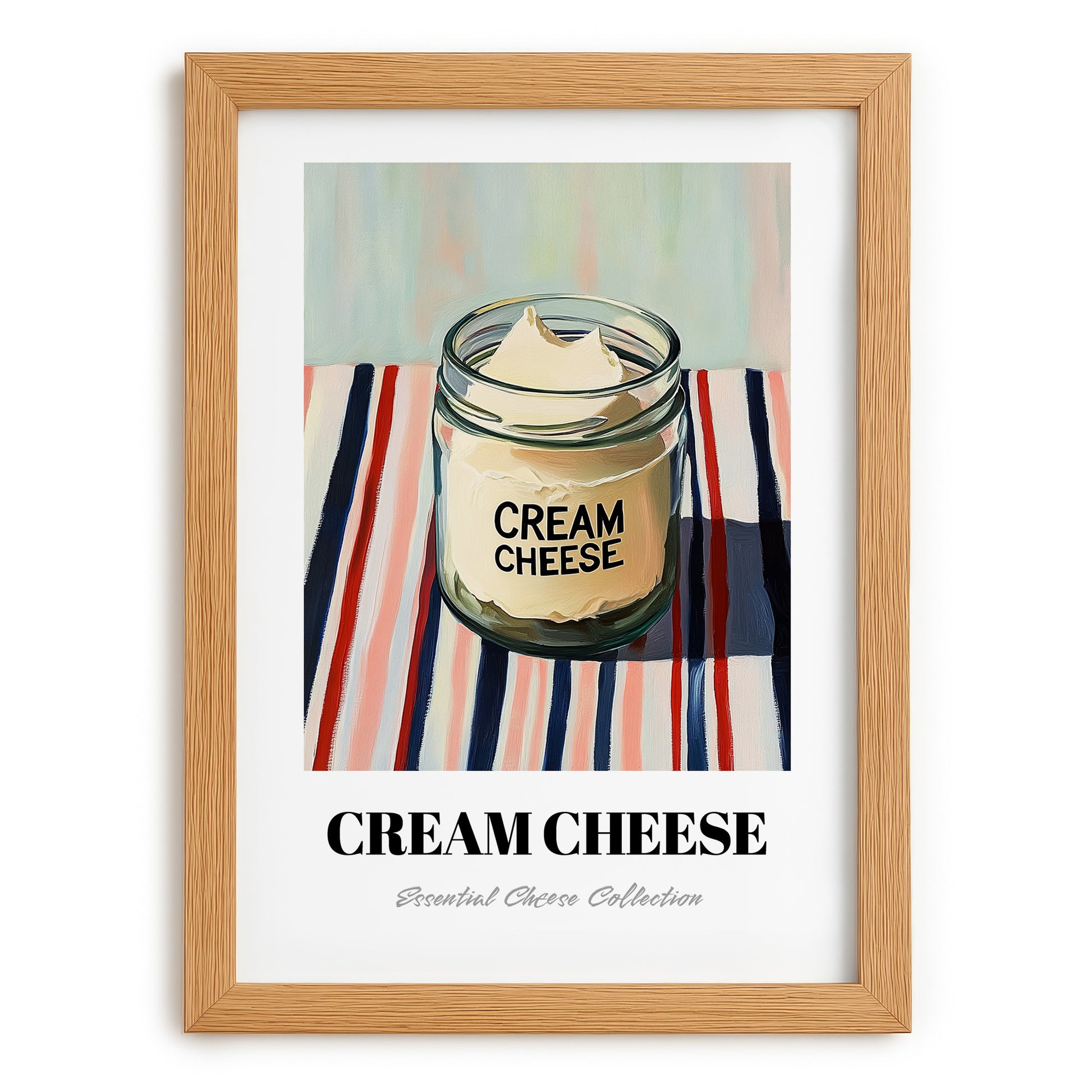 Cream – on Striped Tablecloth, Cheese Print, set in oak frame