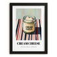 Cream – on Striped Tablecloth, Cheese Print, in sleek black frame