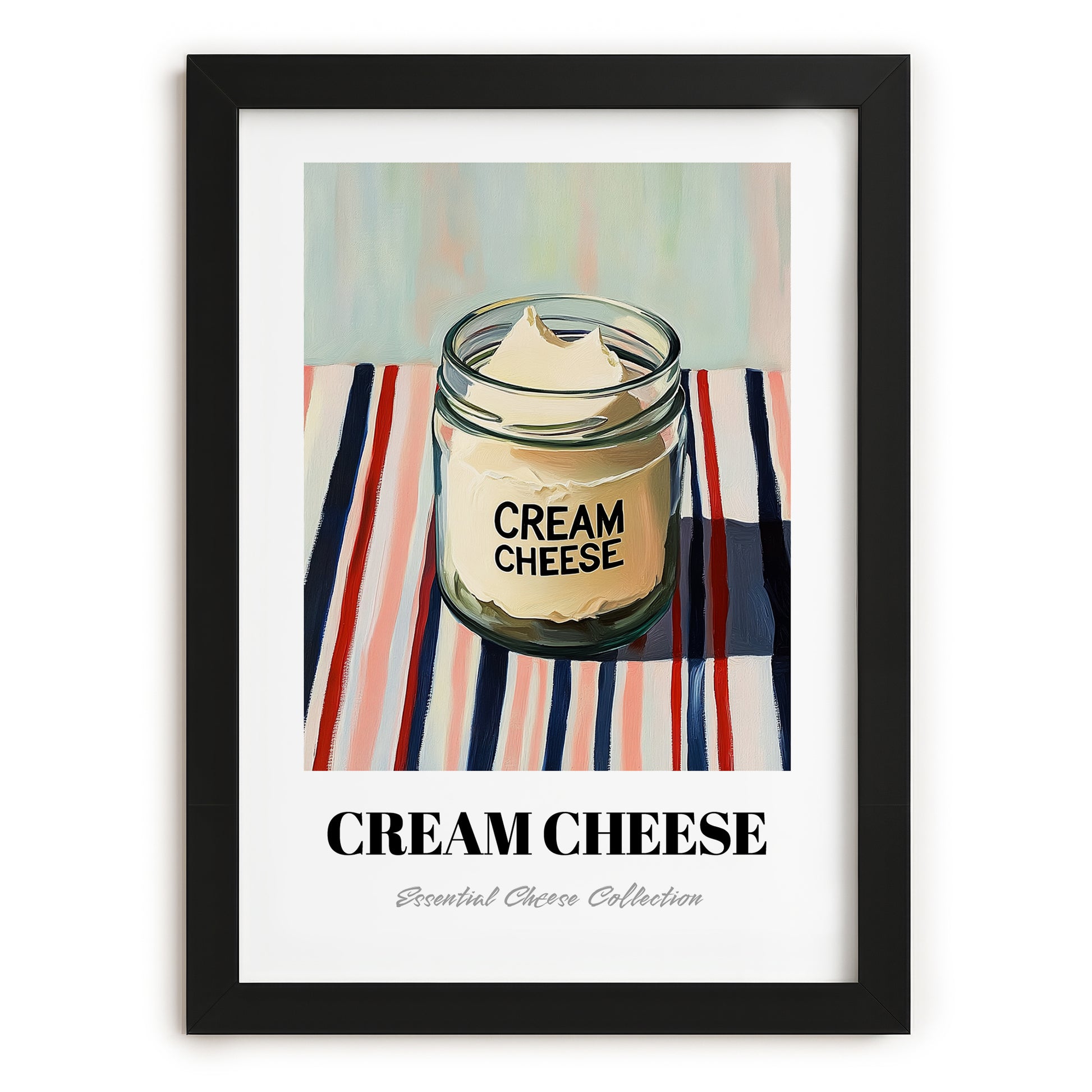 Cream – on Striped Tablecloth, Cheese Print, in sleek black frame