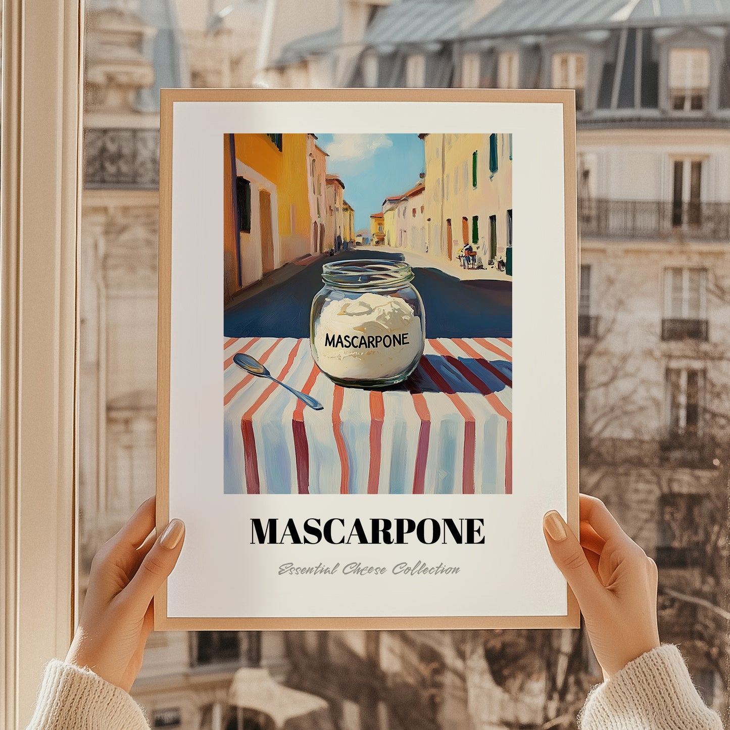 Mascarpone – Italian Outdoor Café Scene, Cheese Poster, styled in a charming Paris street view