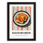 Halloumi – on Striped Tablecloth, Cheese Still Life, in sleek black frame