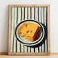 Cheddar – on Striped Tablecloth, Cheese Wall Painting, no-text version framed in wood