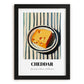 Cheddar – on Striped Tablecloth, Cheese Wall Painting, in sleek black frame