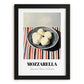Mozzarella – on Striped Tablecloth, Cheese Wall Decor, in sleek black frame