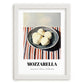 Mozzarella – on Striped Tablecloth, Cheese Wall Decor, placed in minimal white frame